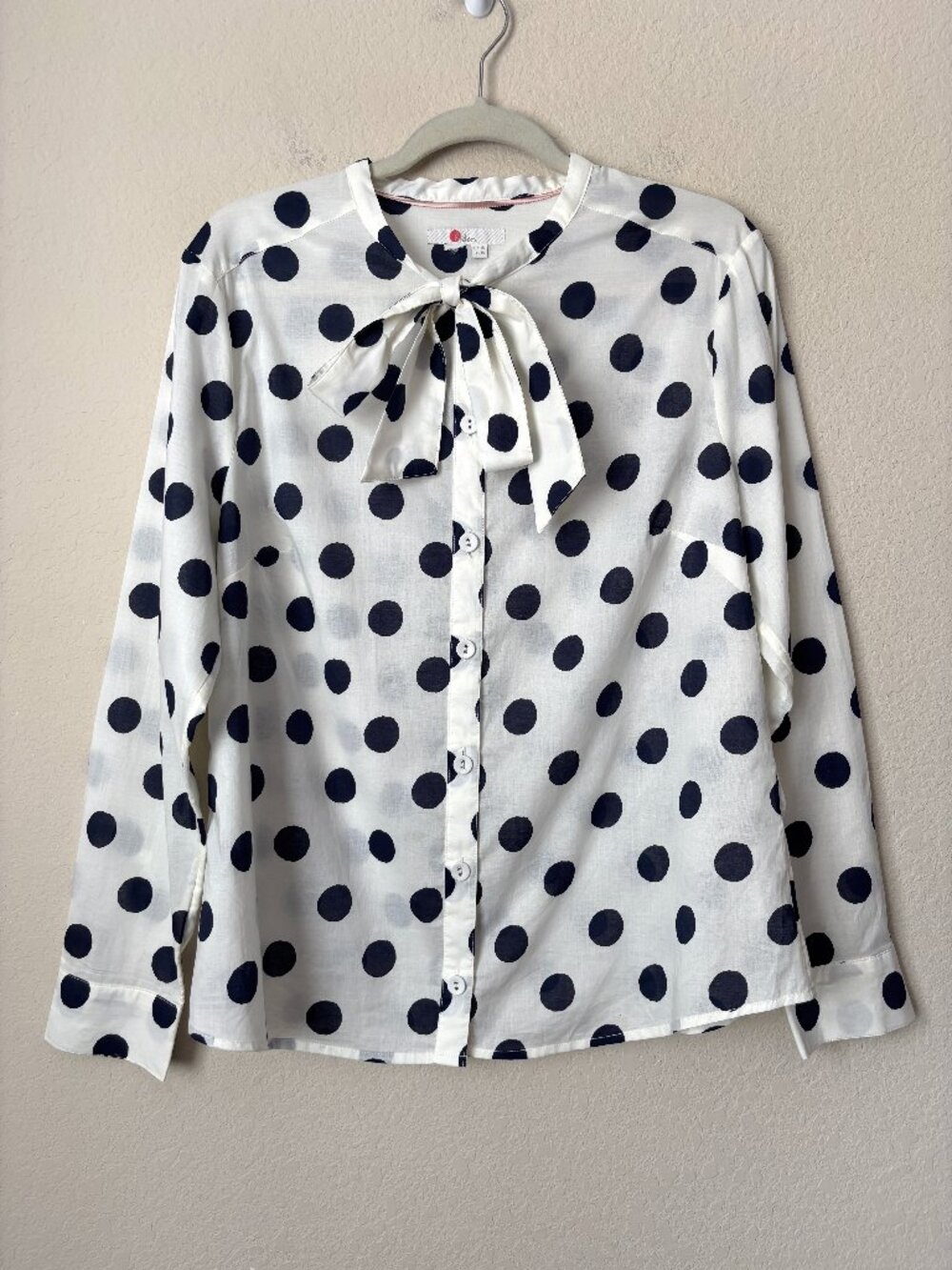 Boden 14 Whimsical Polka Dot Keira Bow Neck Cotton Button Up Shirt